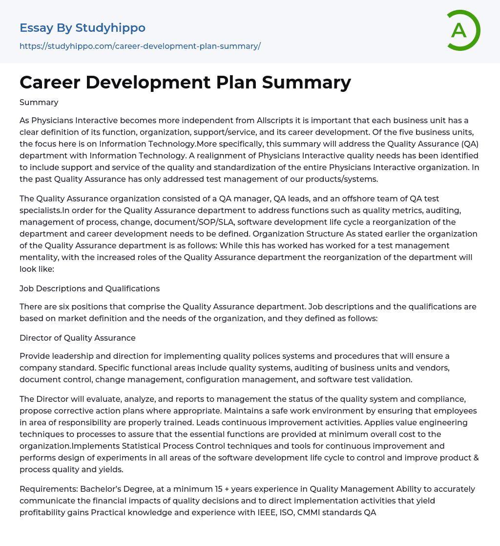 Career Development Plan Summary Essay Example