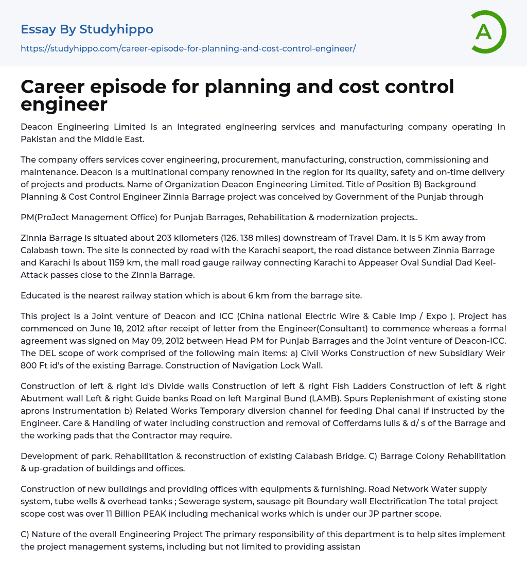 Career episode for planning and cost control engineer Essay Example