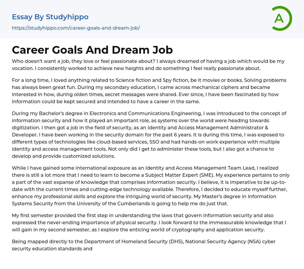 Career Goals And Dream Job Essay Example