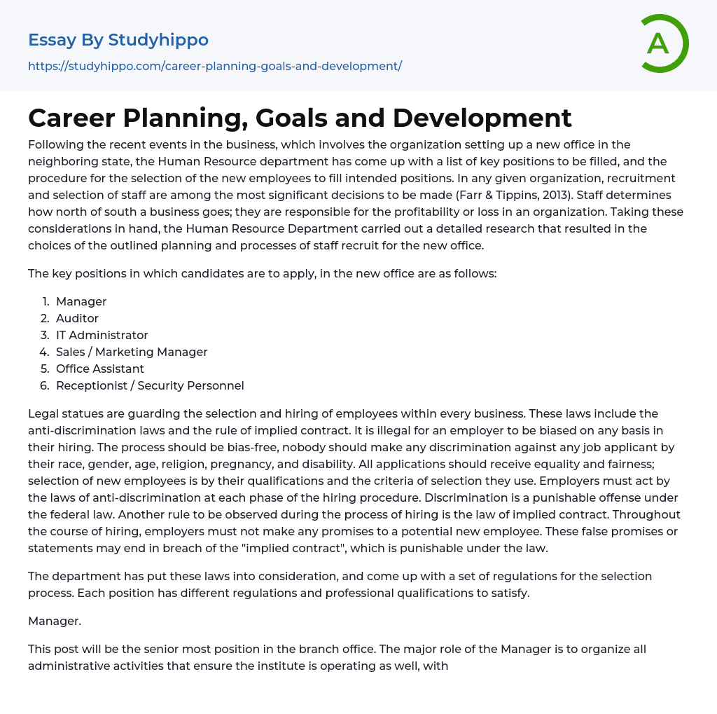 Career Planning, Goals and Development Essay Example