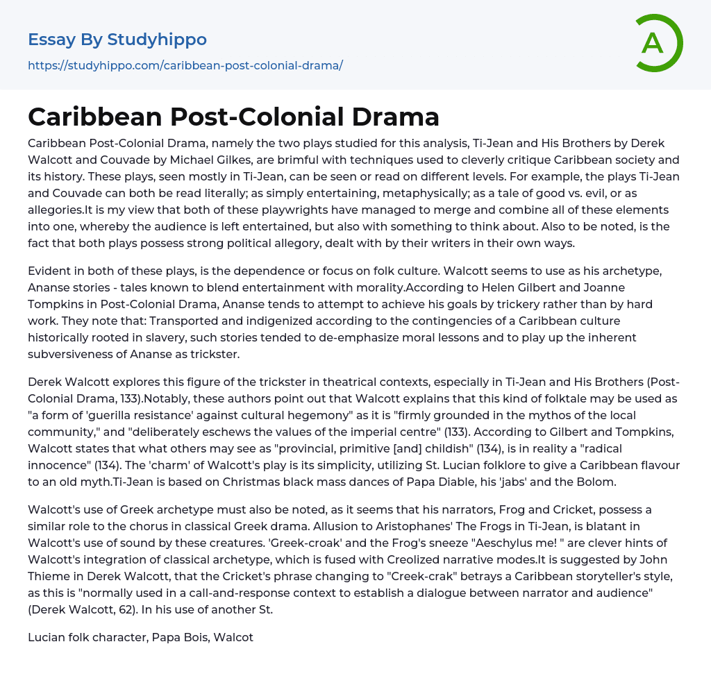 Caribbean Post-Colonial Drama Essay Example