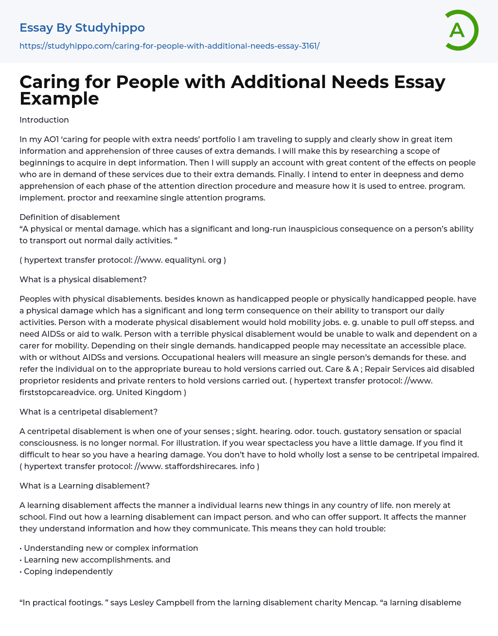 Caring for People with Additional Needs Essay Example
