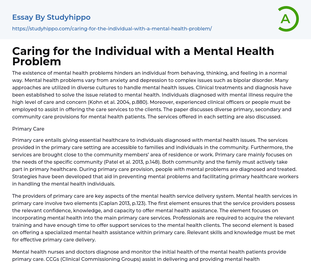 Caring for the Individual with a Mental Health Problem Essay Example
