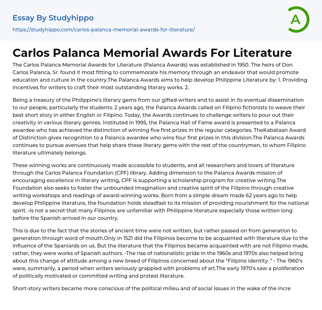 Carlos Palanca Memorial Awards For Literature Essay Example