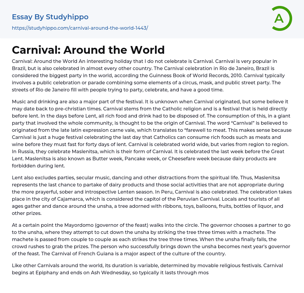 Carnival: Around the World Essay Example