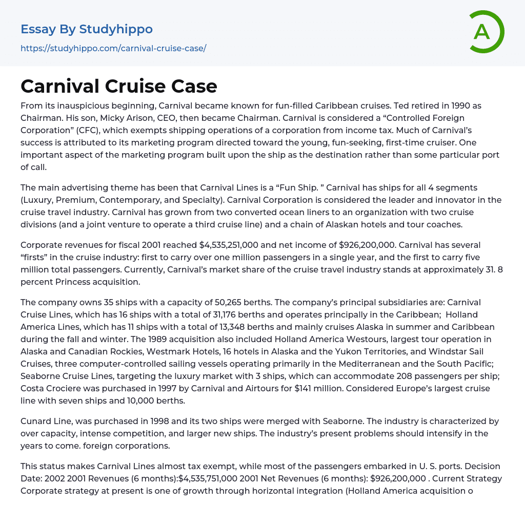 Carnival Cruise Case Essay Example