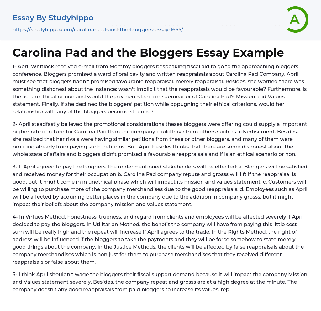 Carolina Pad and the Bloggers Essay Example