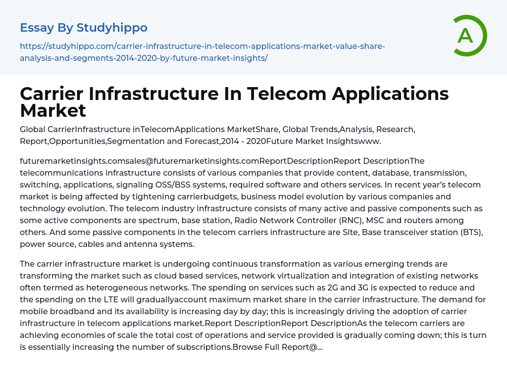 Carrier Infrastructure In Telecom Applications Market Essay Example