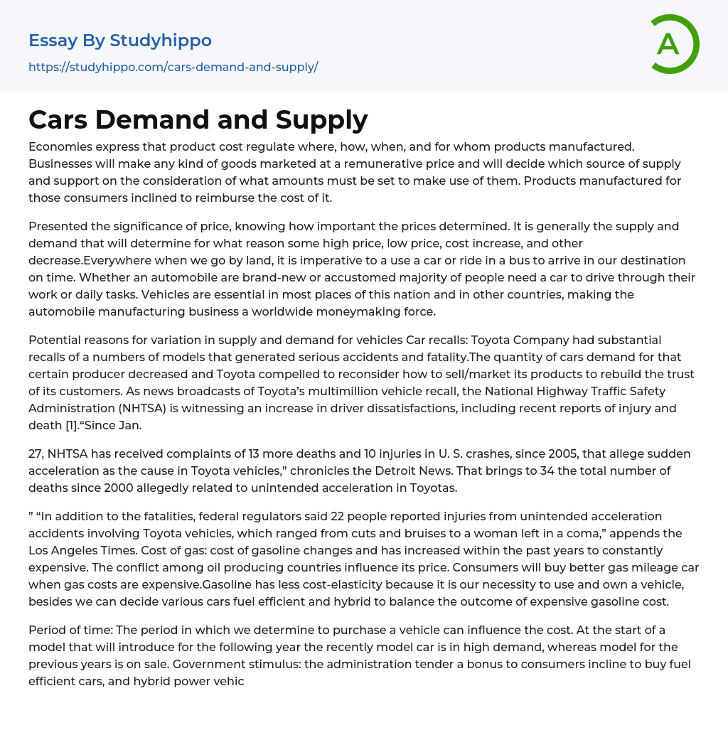 Cars Demand and Supply Essay Example