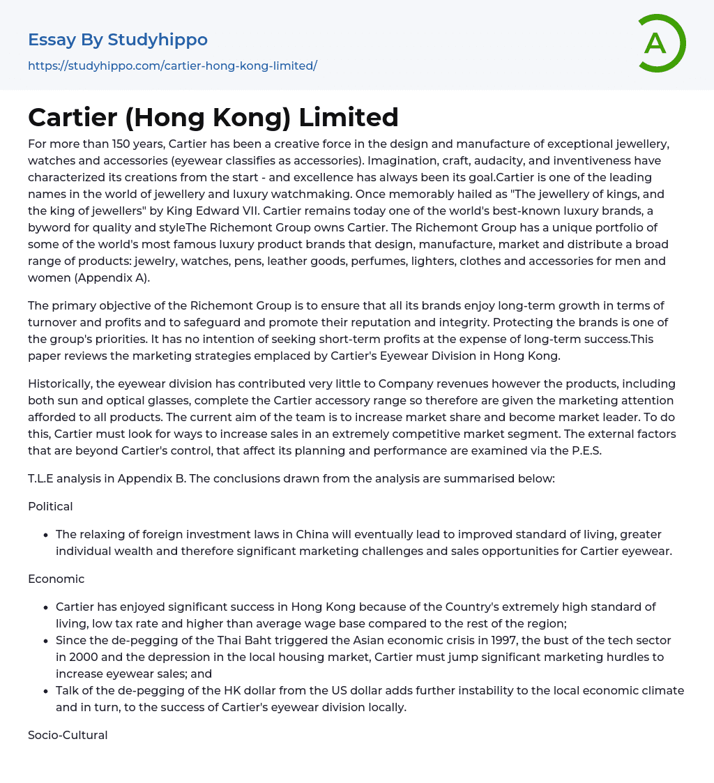 Cartier (Hong Kong) Limited Essay Example