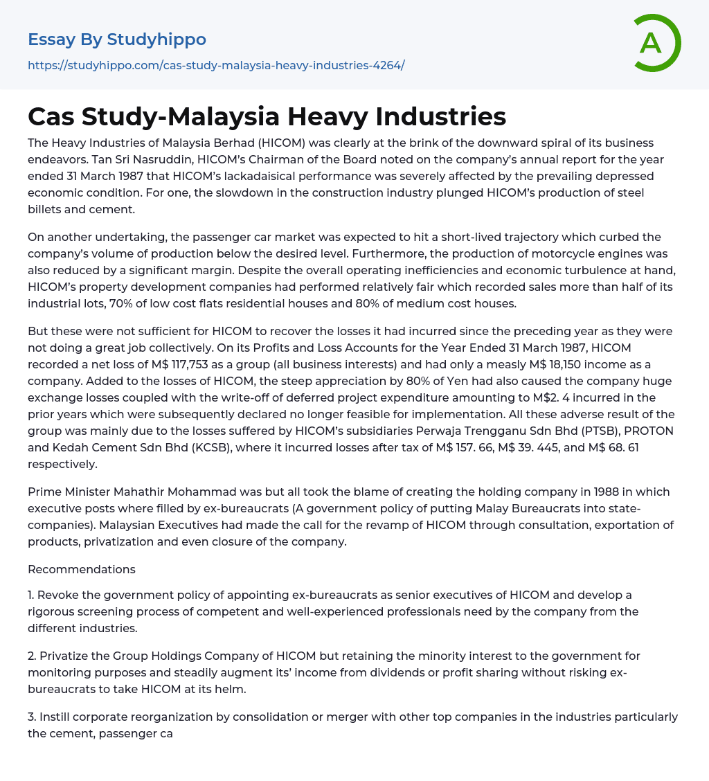 Cas Study-Malaysia Heavy Industries Essay Example