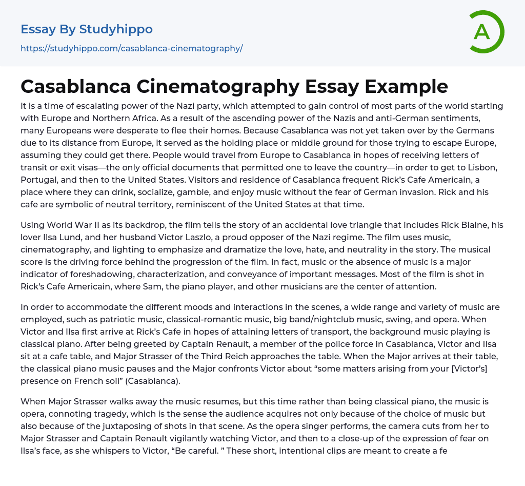 Casablanca Cinematography Essay Example