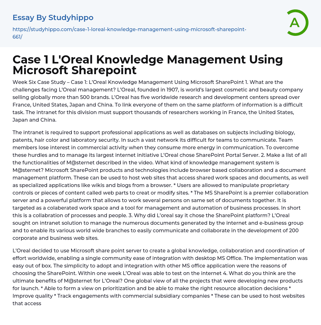 Case 1 L’Oreal Knowledge Management Using Microsoft Sharepoint Essay Example