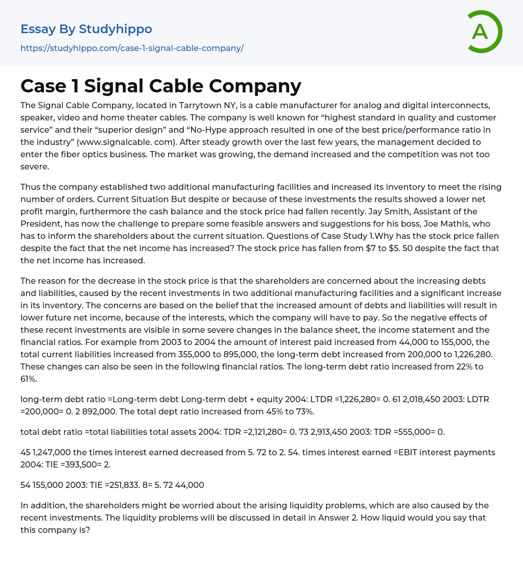 Case 1 Signal Cable Company Essay Example