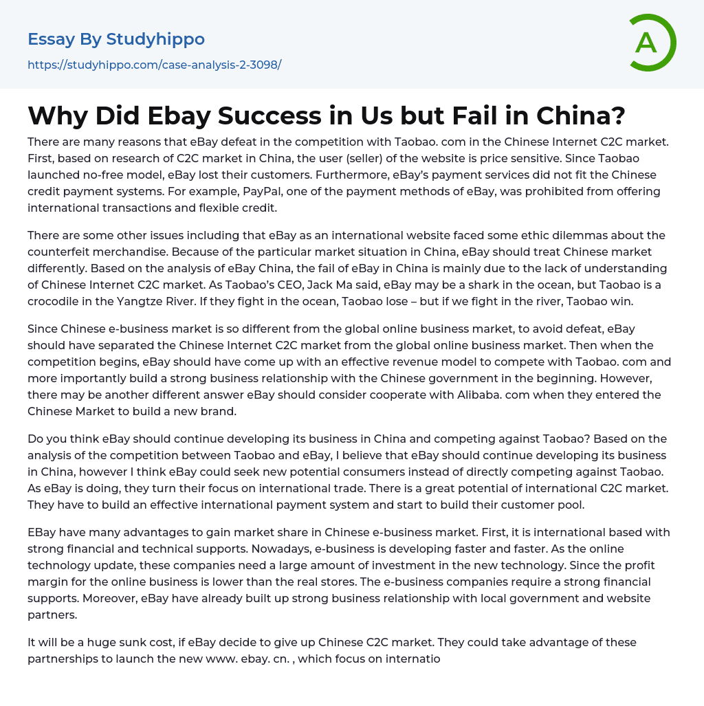 Why Did Ebay Success in Us but Fail in China? Essay Example