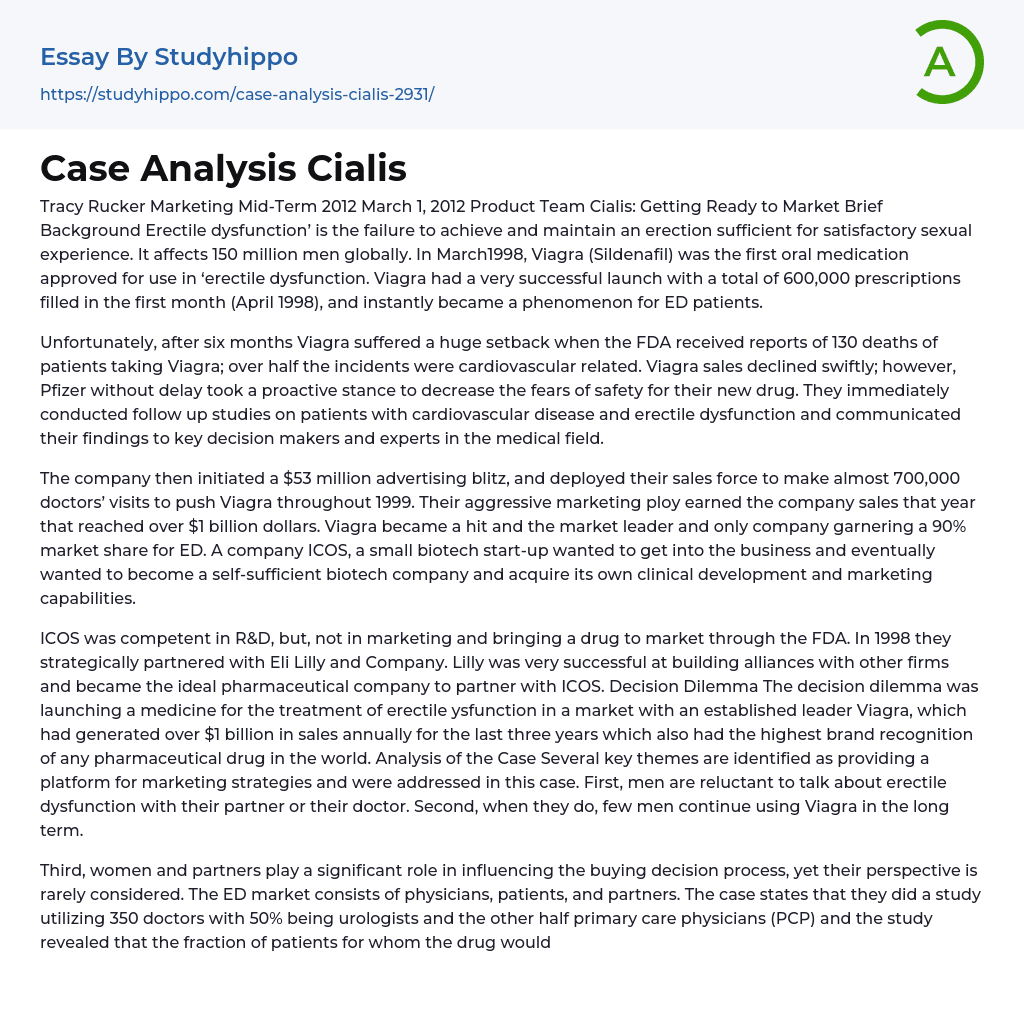 Case Analysis Cialis Essay Example