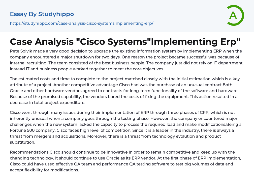 Case Analysis “Cisco Systems”Implementing Erp” Essay Example