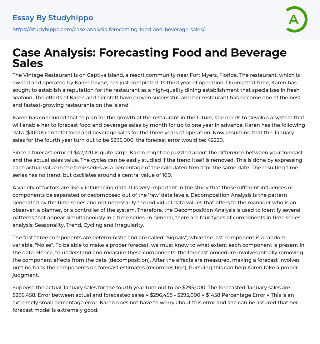 Case Analysis: Forecasting Food and Beverage Sales Essay Example