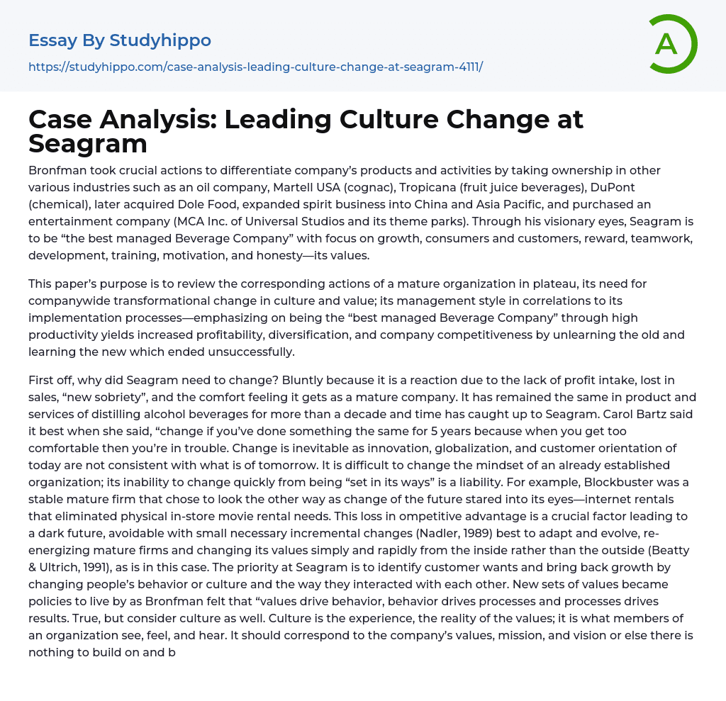 Case Analysis: Leading Culture Change at Seagram Essay Example