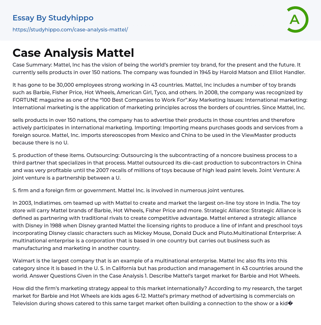Case Analysis Mattel Essay Example