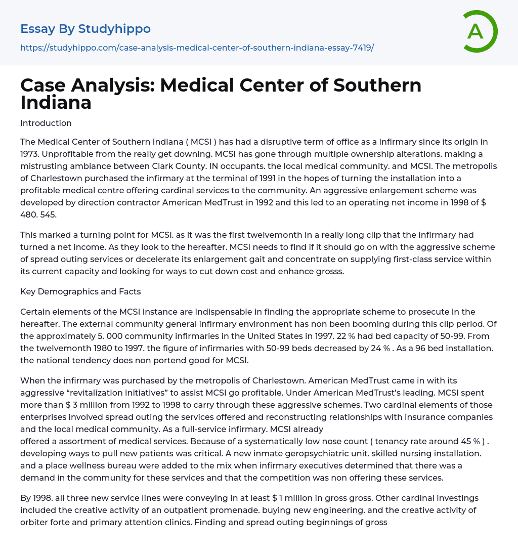 Case Analysis: Medical Center of Southern Indiana Essay Example
