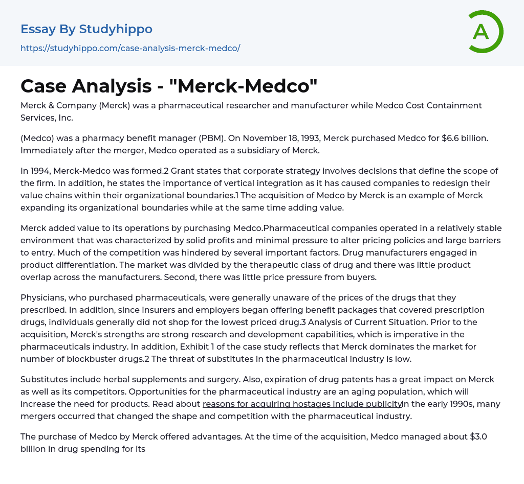 Case Analysis – “Merck-Medco” Essay Example