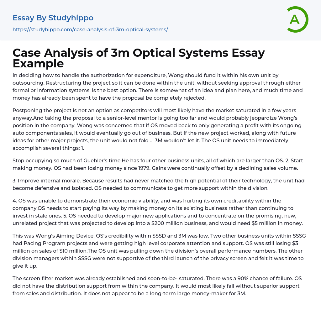 Case Analysis of 3m Optical Systems Essay Example