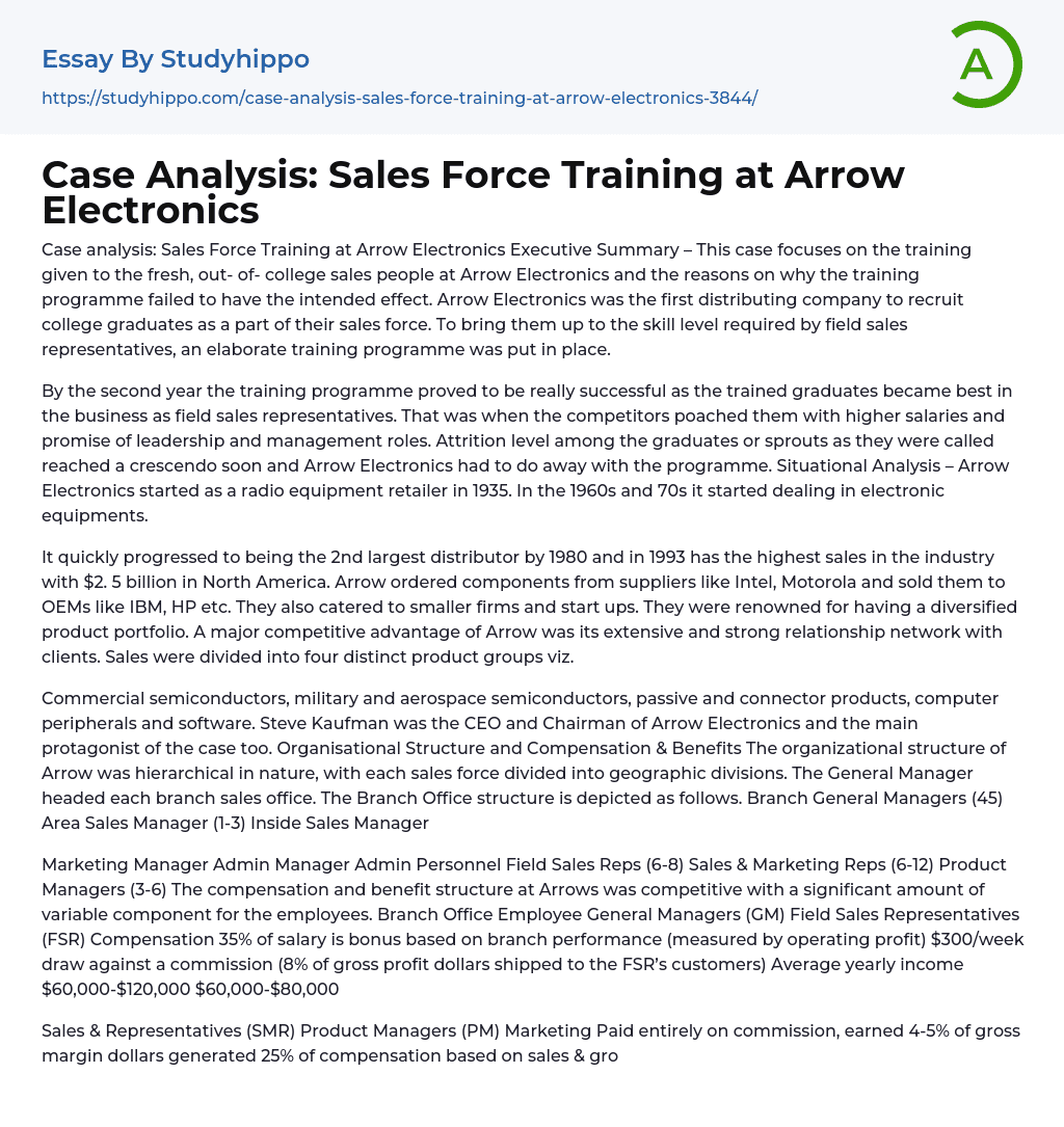 Case Analysis: Sales Force Training at Arrow Electronics Essay Example