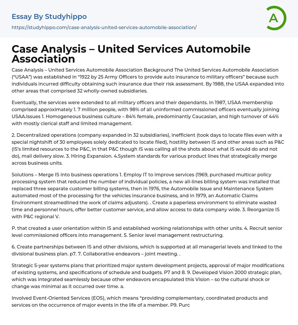 Case Analysis – United Services Automobile Association Essay Example