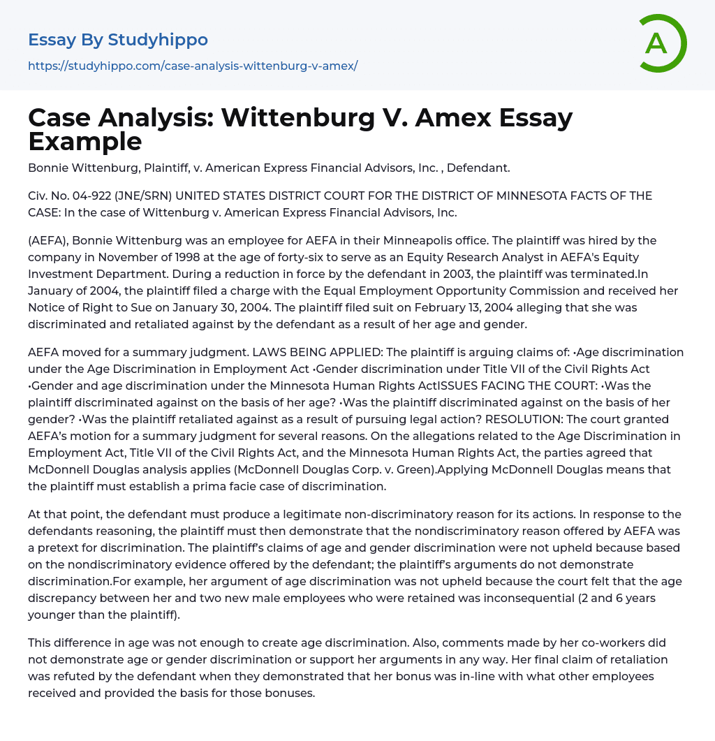 Case Analysis: Wittenburg V. Amex Essay Example