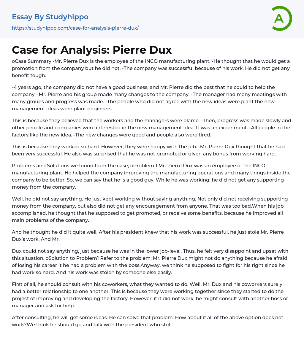 Case for Analysis: Pierre Dux Essay Example