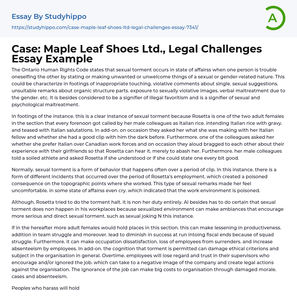 Case: Maple Leaf Shoes Ltd., Legal Challenges Essay Example