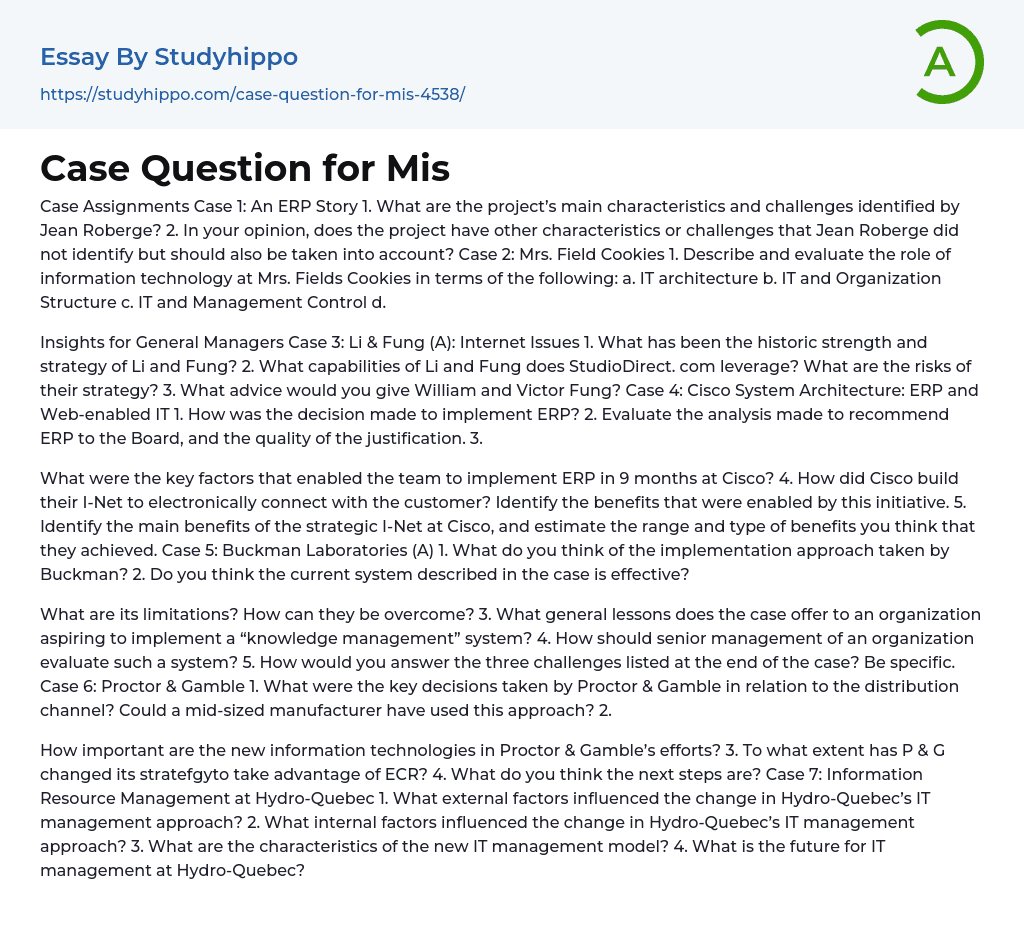 Case Question for Mis Essay Example