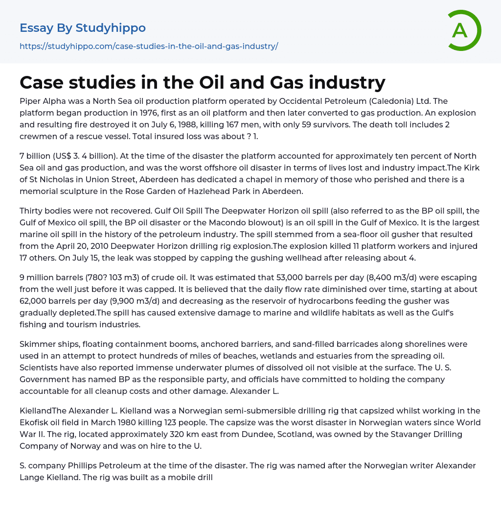 Case studies in the Oil and Gas industry Essay Example