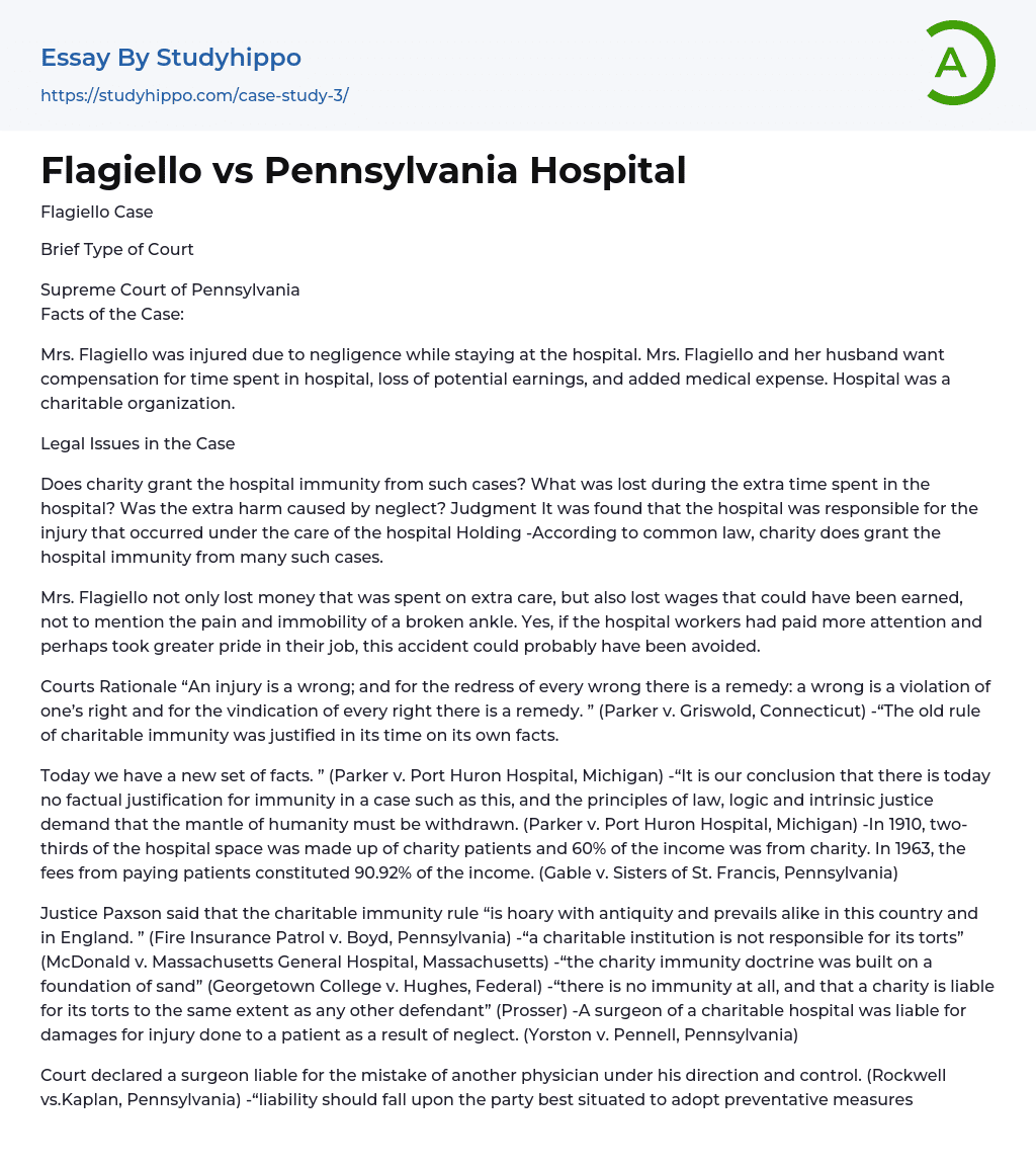 Flagiello vs Pennsylvania Hospital Essay Example
