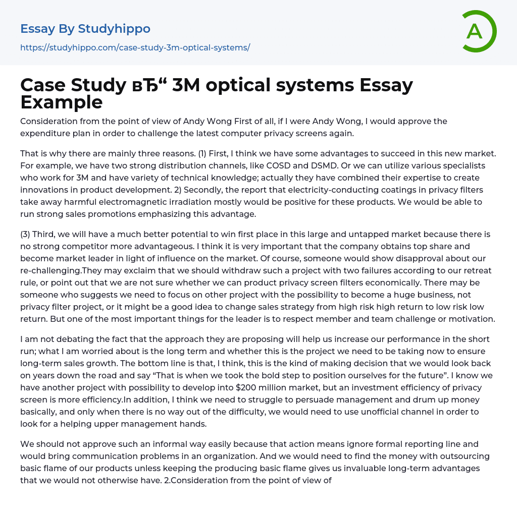 Case Study 3M optical systems Essay Example