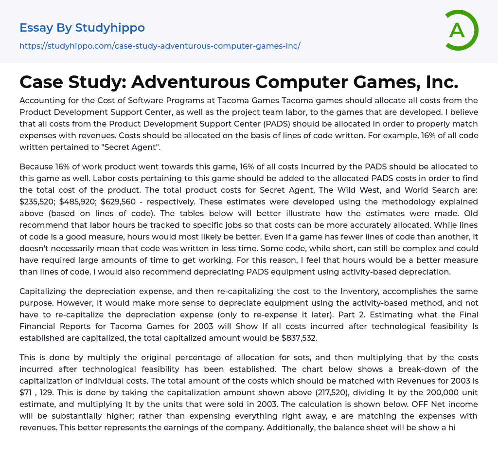 Case Study: Adventurous Computer Games, Inc. Essay Example