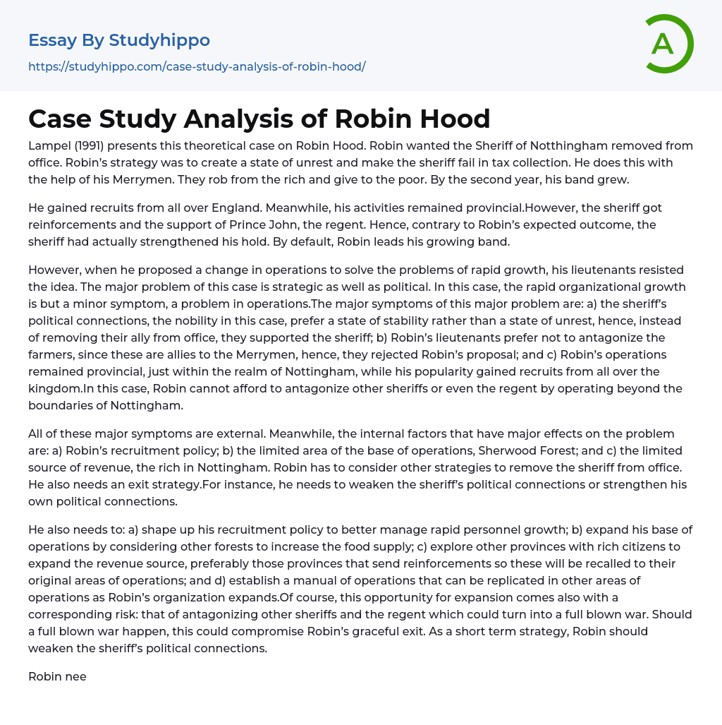 Case Study Analysis of Robin Hood Essay Example