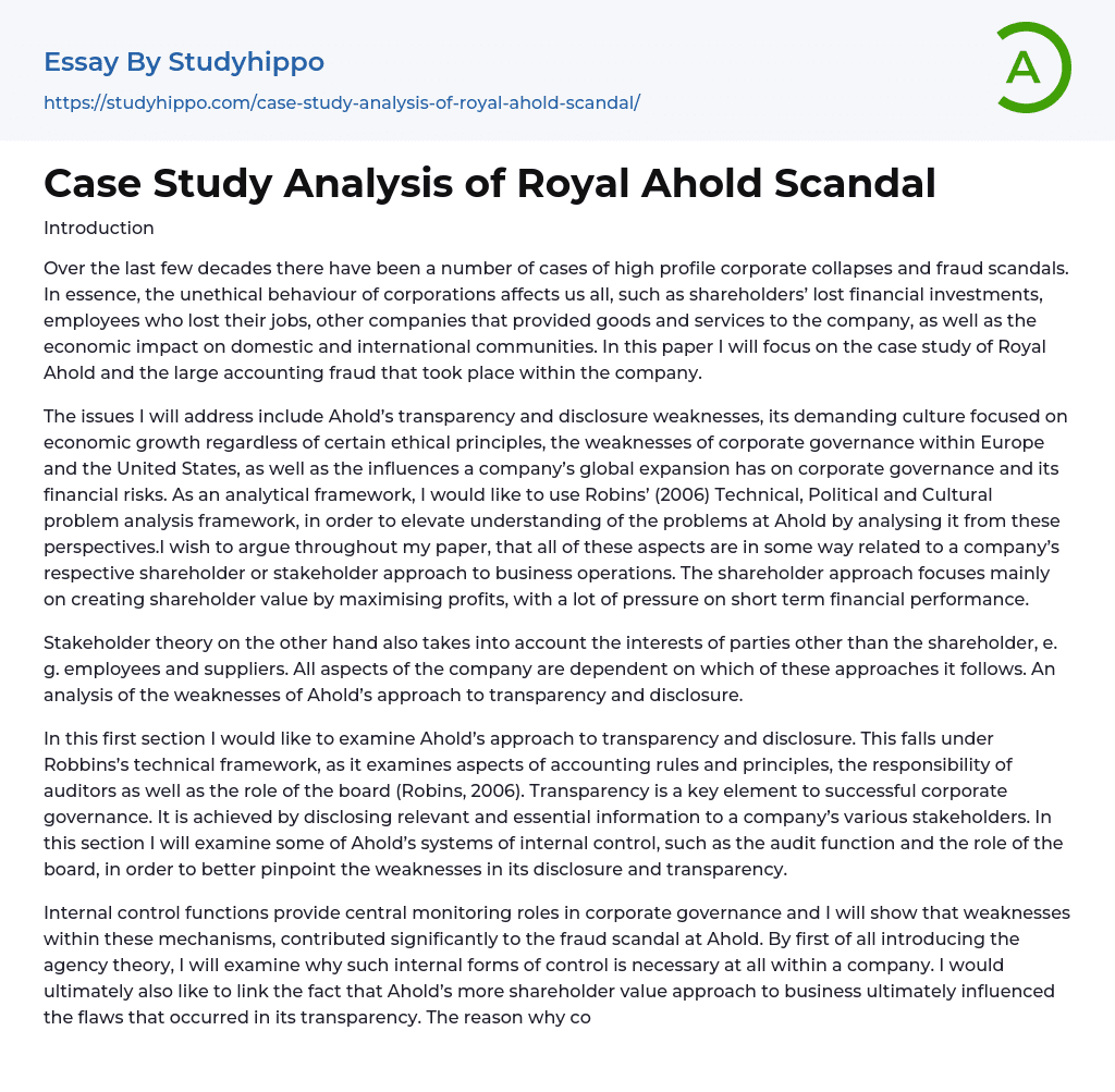 Case Study Analysis of Royal Ahold Scandal Essay Example