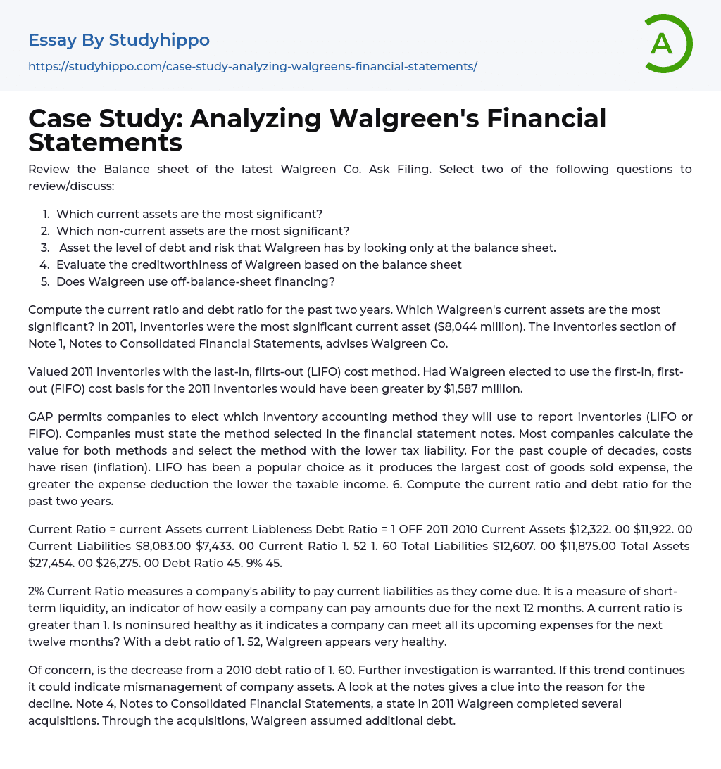Case Study: Analyzing Walgreen’s Financial Statements Essay Example