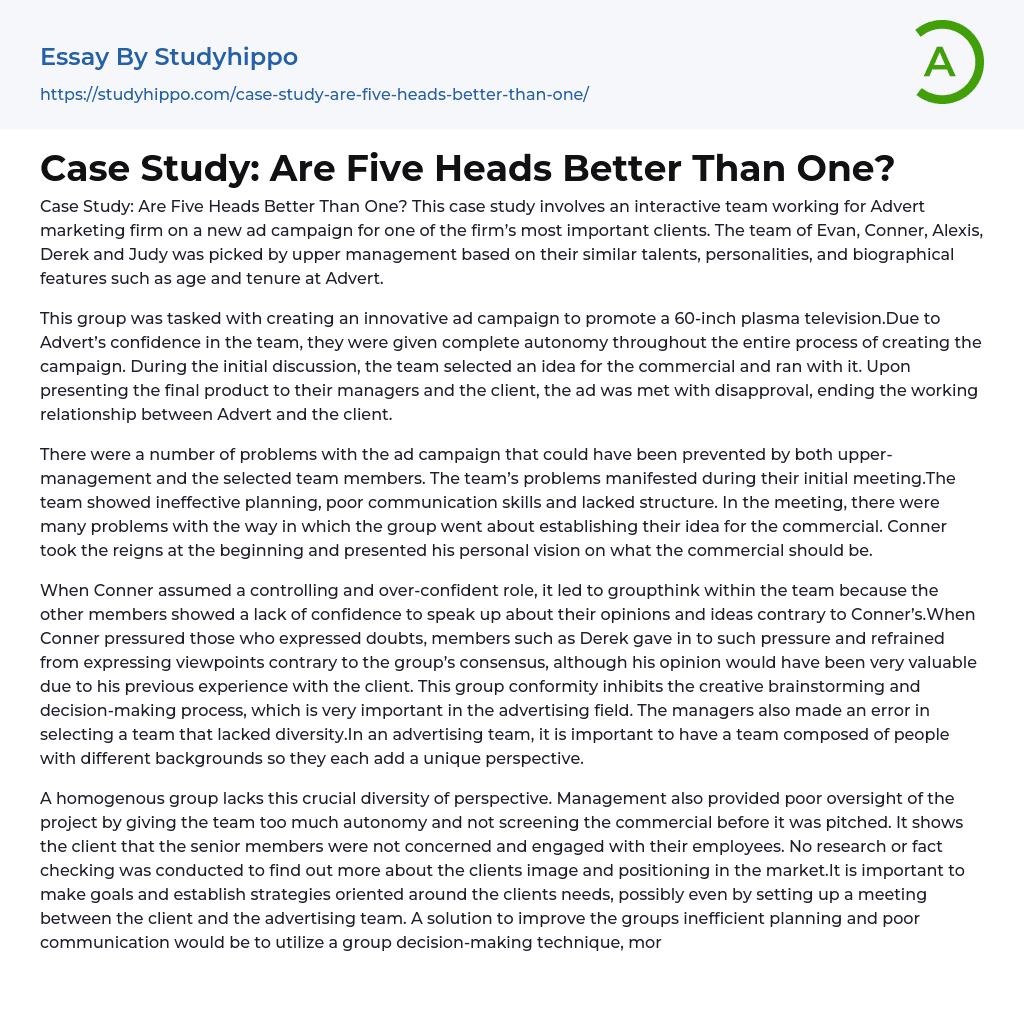 Case Study: Are Five Heads Better Than One? Essay Example