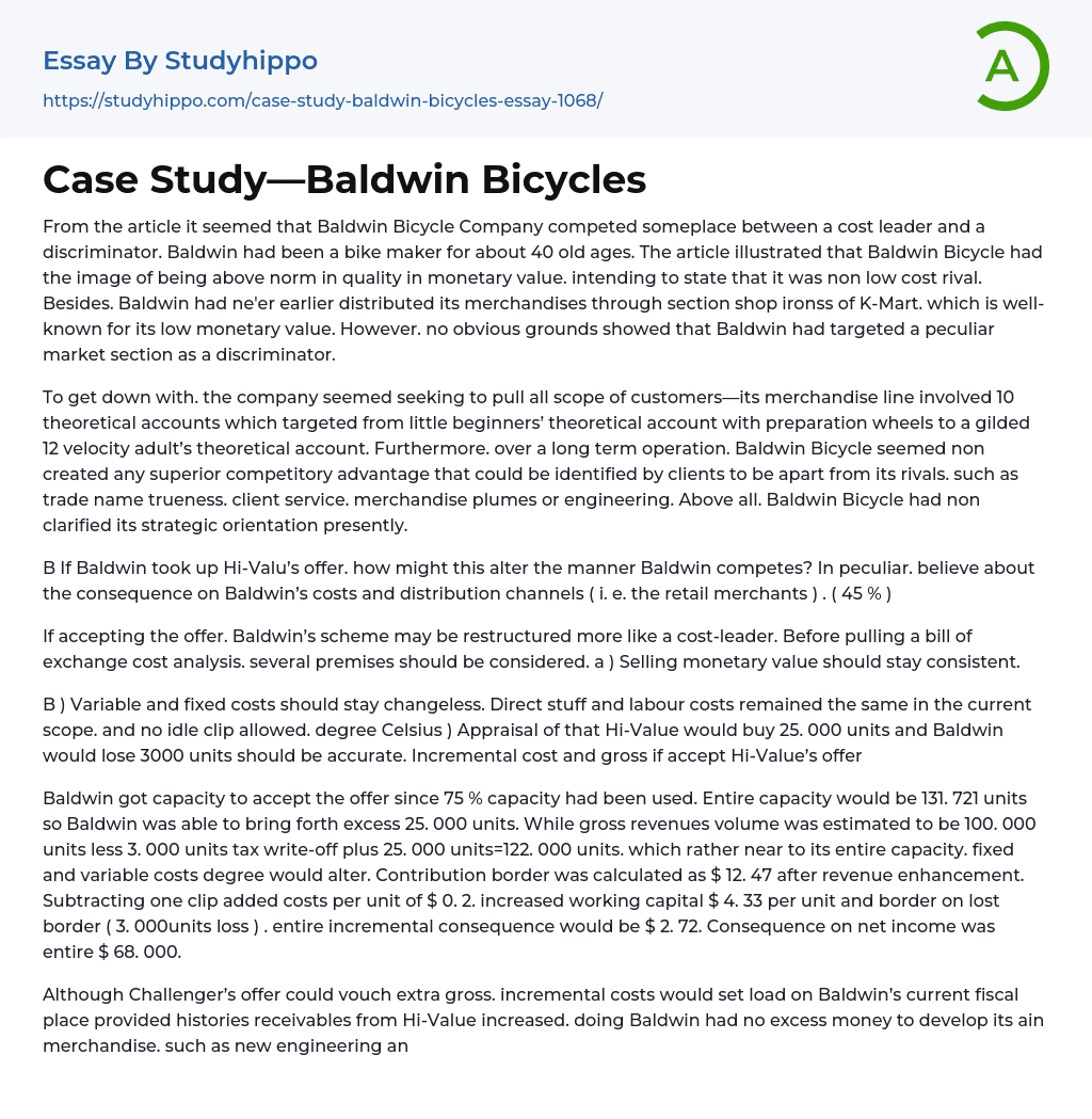 Case Study—Baldwin Bicycles Essay Example
