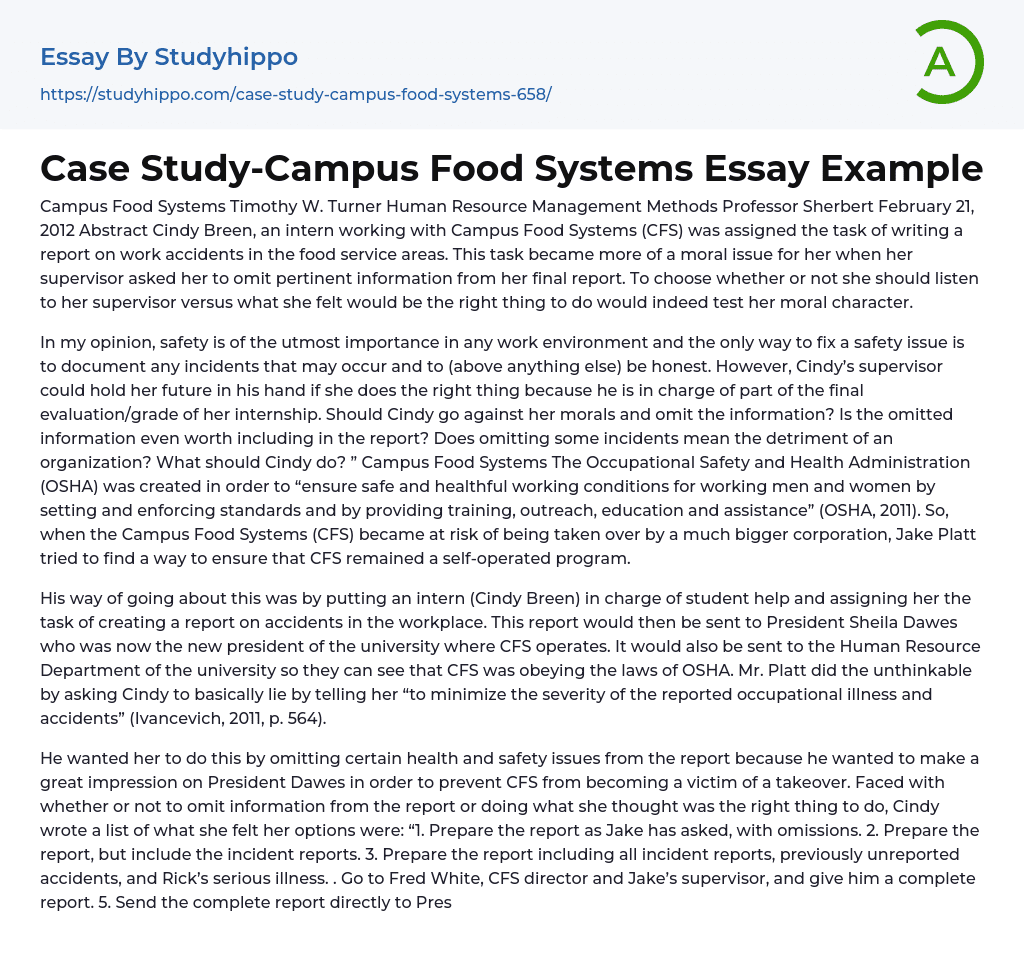 Case Study-Campus Food Systems Essay Example