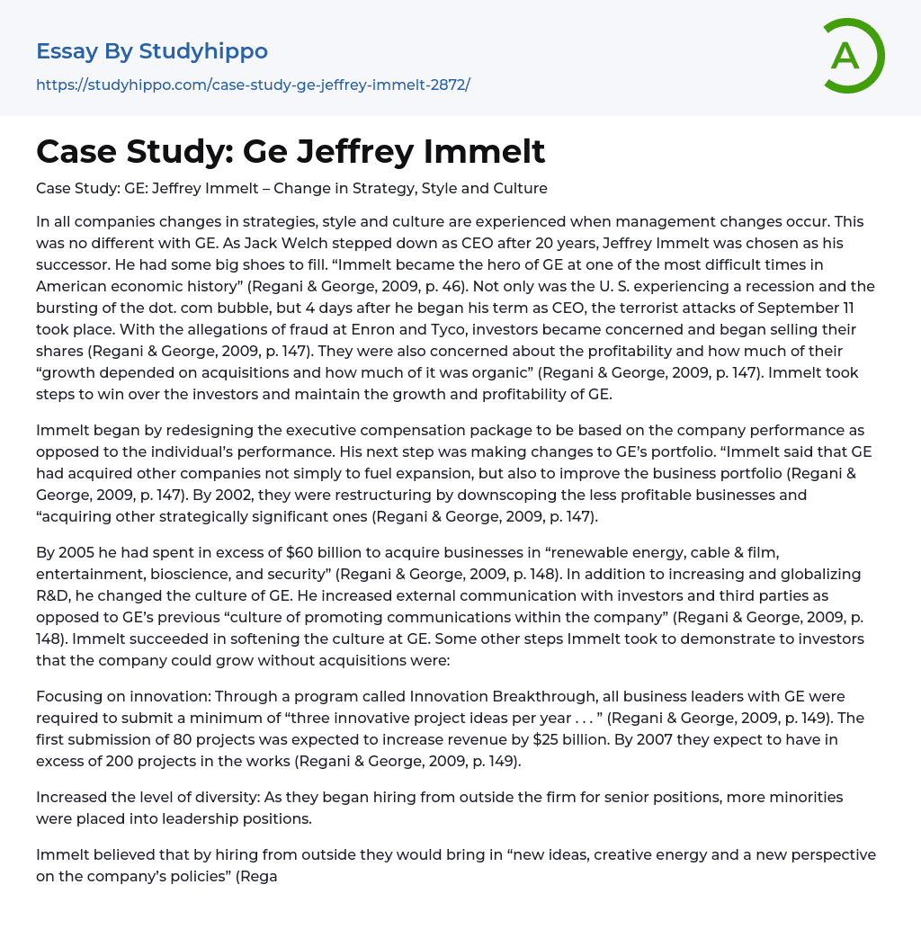Case Study: Ge Jeffrey Immelt Essay Example