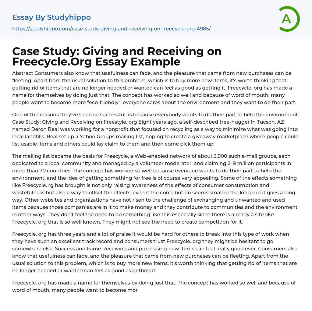 Case Study: Giving and Receiving on Freecycle.Org Essay Example