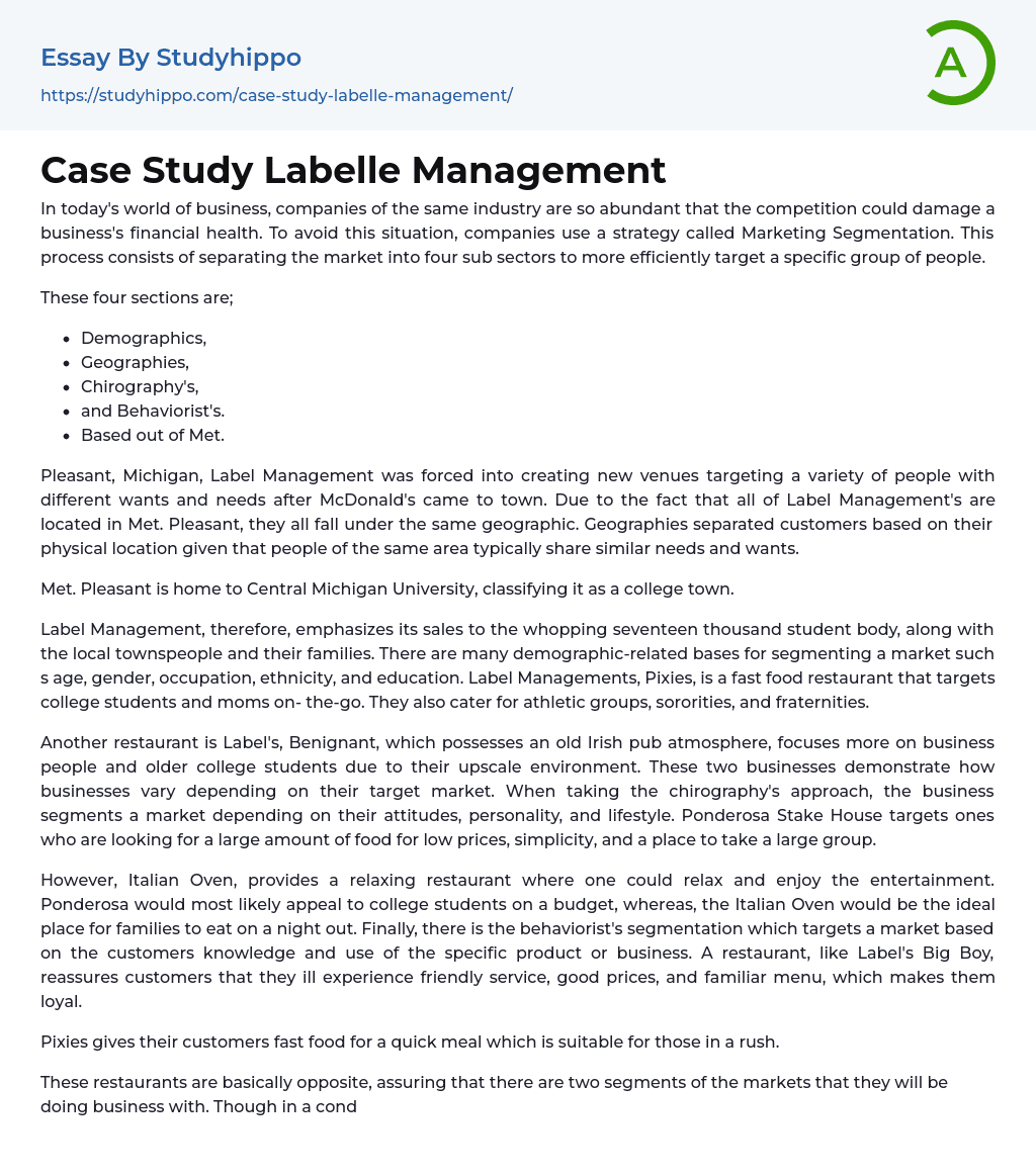 Case Study Labelle Management Essay Example