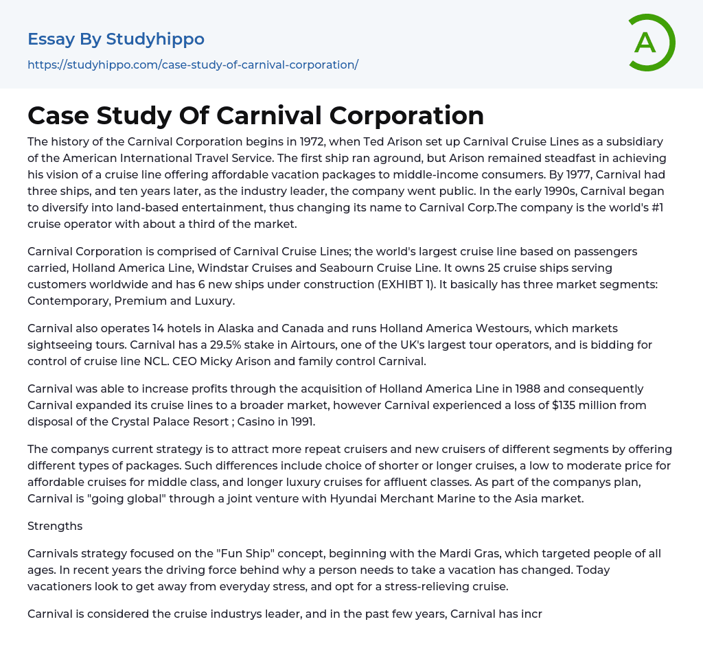 Case Study Of Carnival Corporation Essay Example
