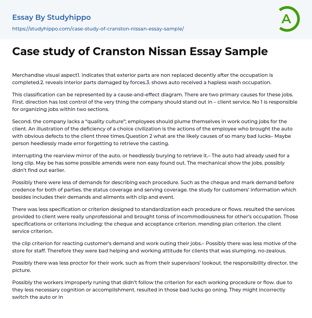 Case study of Cranston Nissan Essay Sample