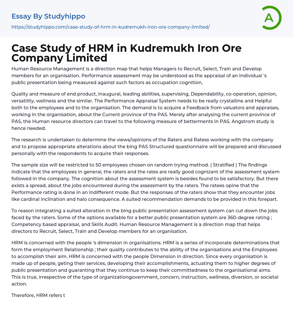 Case Study of HRM in Kudremukh Iron Ore Company Limited Essay Example