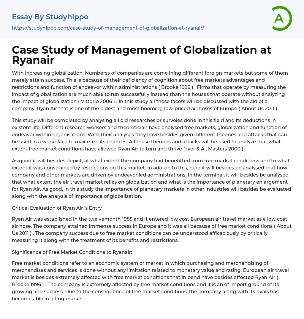 Case Study of Management of Globalization at Ryanair Essay Example